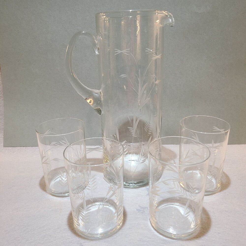 Vintage Etched Glass Pitcher 4 Glasses Fern Pattern 32 Oz